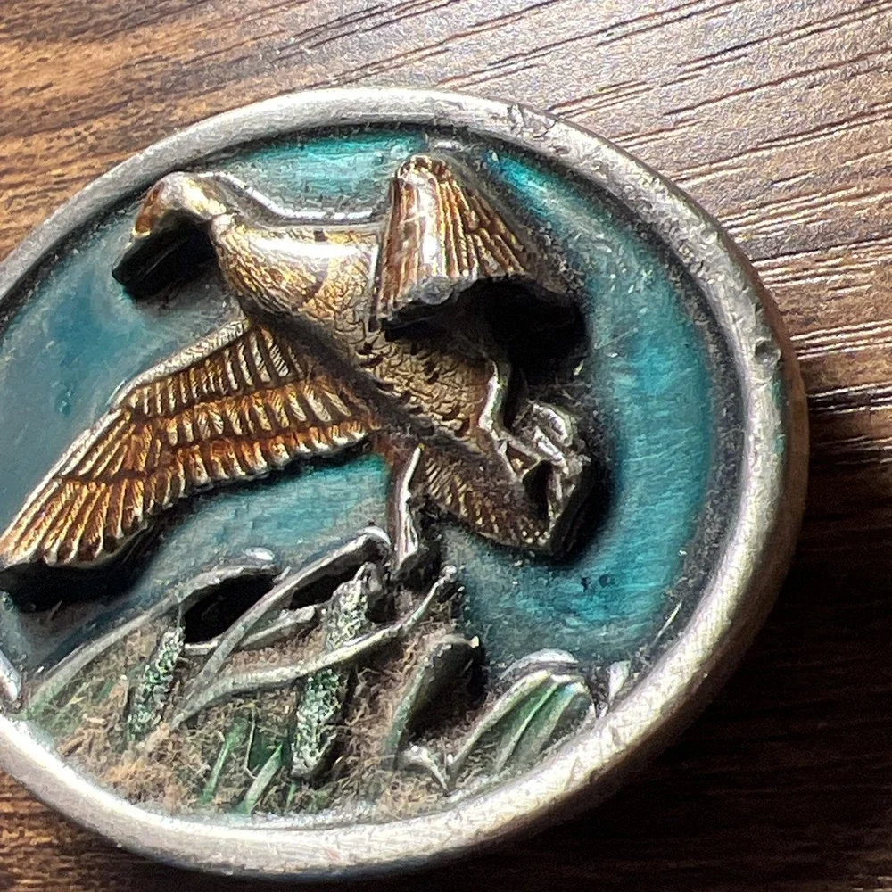 Vintage 1984 Bergamot Brass Works Flying Duck Green Enamel Belt Buckle D143 USA